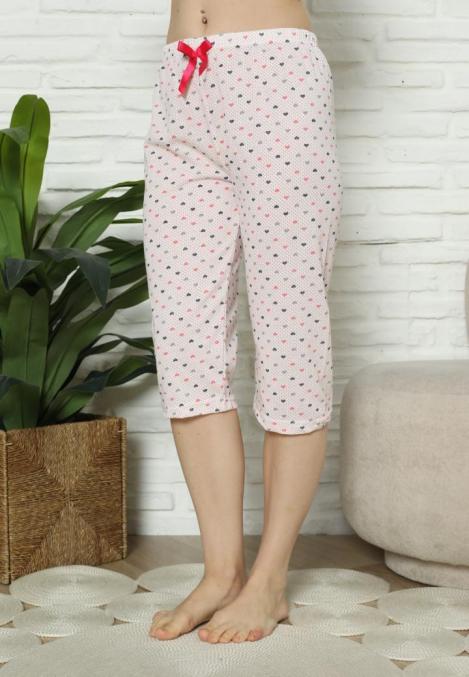 Pantaloni pijama damă 3/4, roz, imprimeu inimi, engros